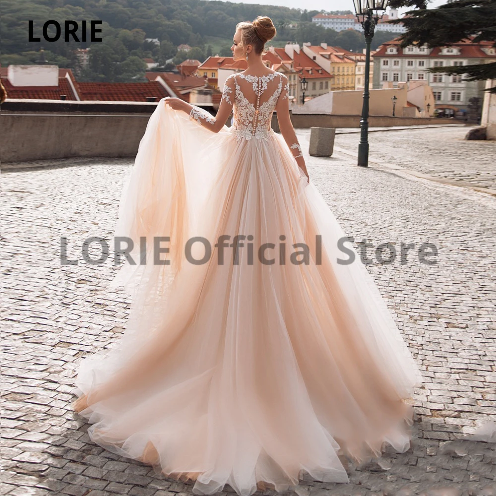 LORIE Свадебные платья из тюля с Длинным Рукавом Кружевная аппликация пляжное