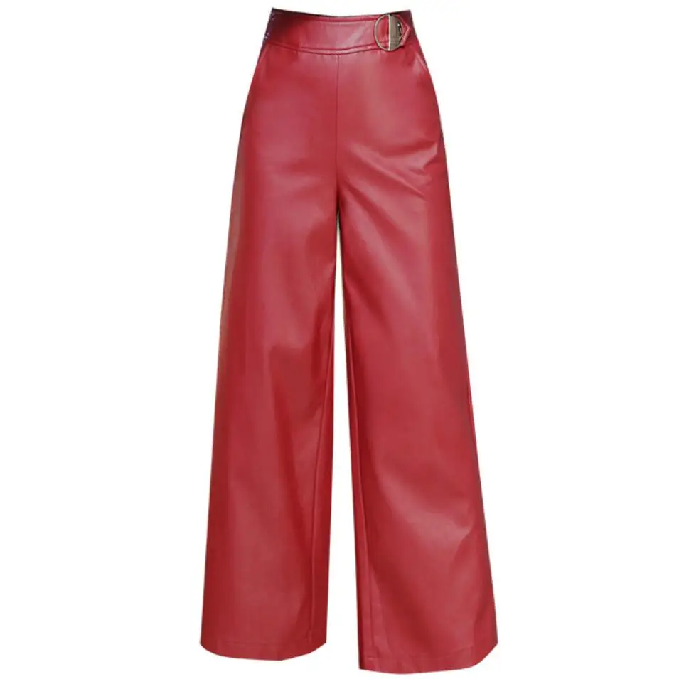 

Wide leg pants capirs women 2021 winter warm PU leather pants OL office formal casual pants Plus size