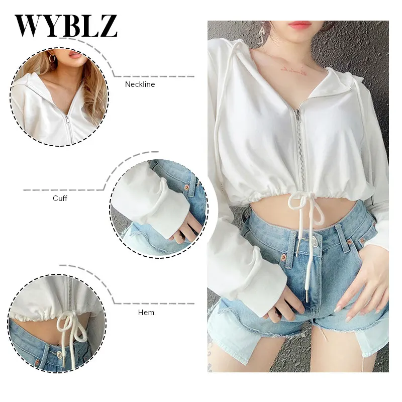 WYBLZ Fashion Short Zipper Hooded Jacket Women Autumn 2021 All-match Casual Drawstring Hooded Top Long Sleeve Solid Jacket Lady