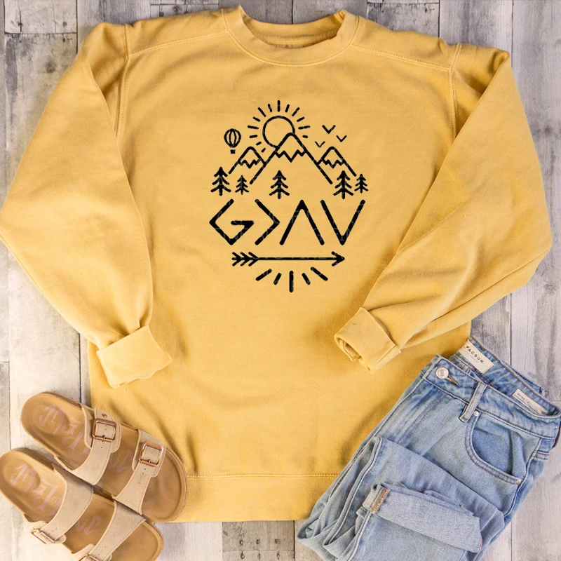 

God Is Greater Than The Highs And Lows religion mountain graphic women fashion cotton casual hipster pullovers gift tops M201