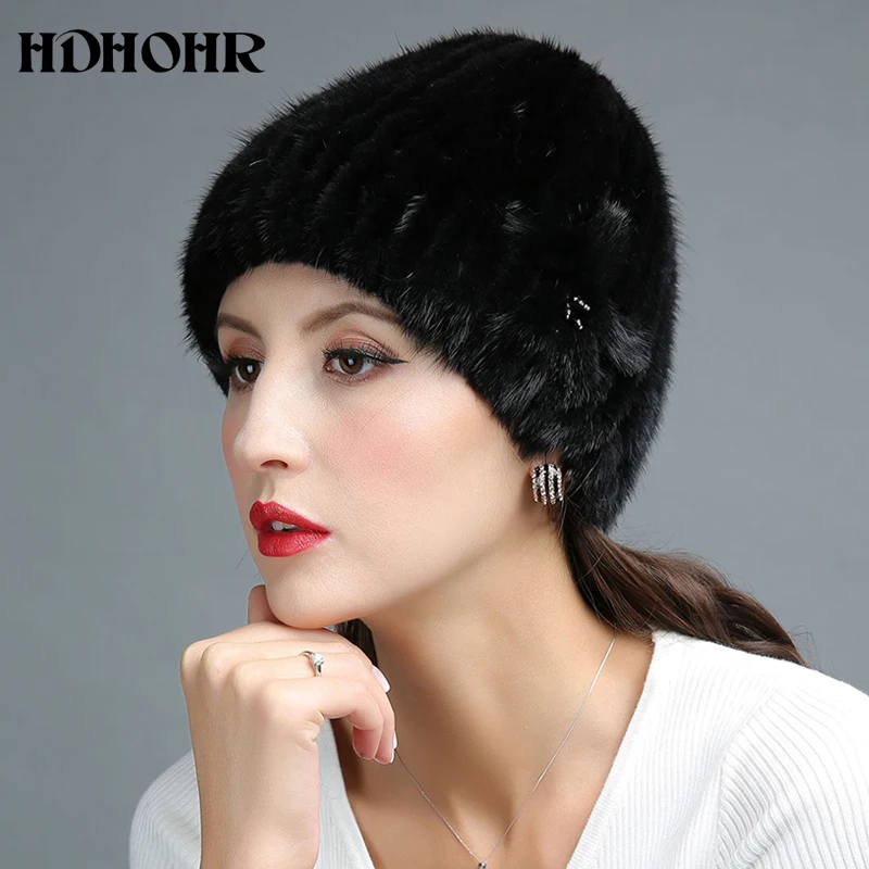 HDHOHR, новинка, меховая шапка, зимняя женская шапка из натурального меха норки, украшенная цветами, вязаные шапочки, модные женские меховые шапки
