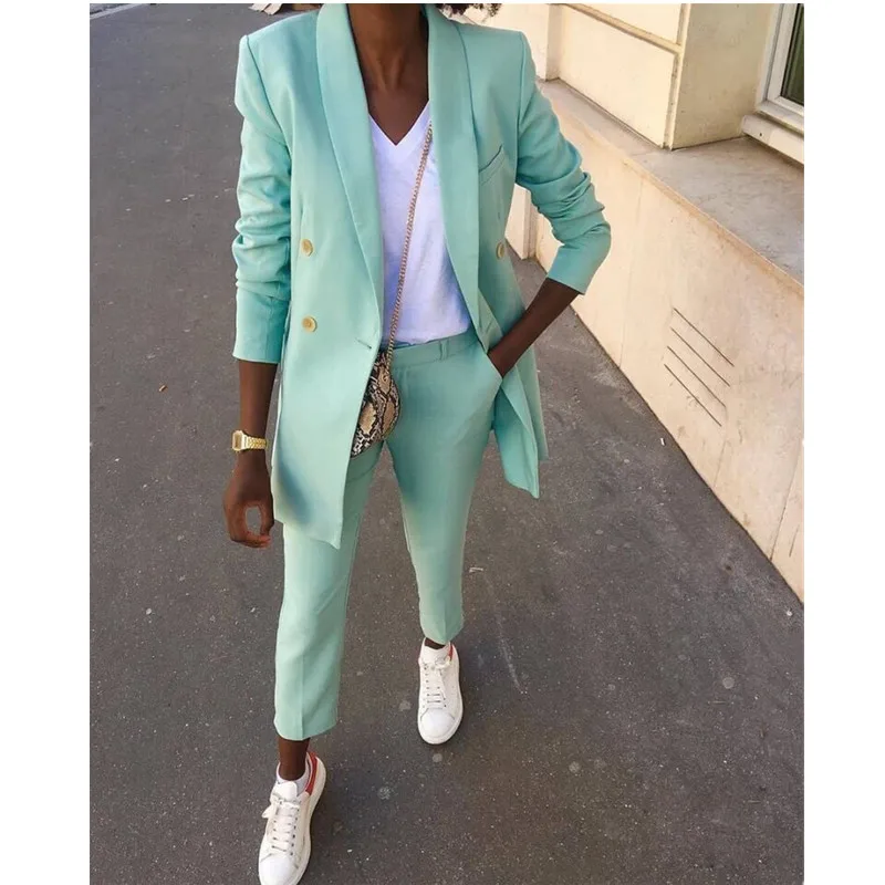 

Double Breasted Mint Pant Suits for Women Plus Size Custom Made Ladies Pantsuit Blazer+Pants for Work Pantsuit for Wedding Party