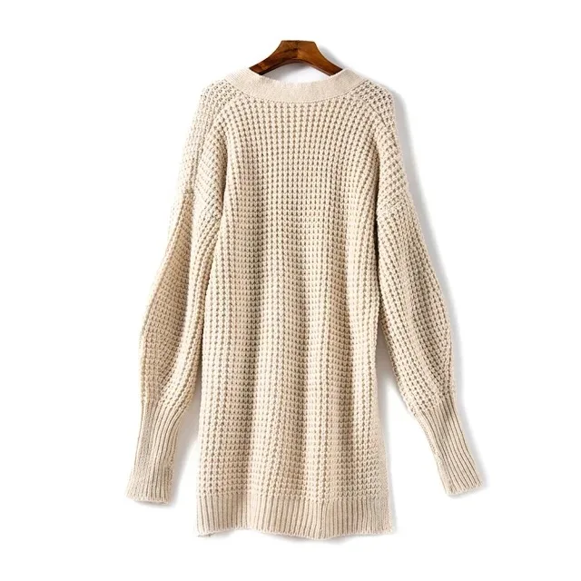 

Women Sweaters 2020 Fall/Spring Loose Floral Embroidered Applique Lantern Long Sleeve V Neck Thick Knit Cardigan