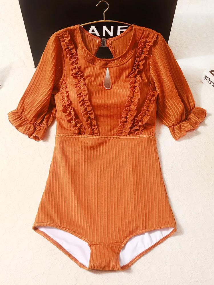 

Женский купальник с коротким рукавом, кружевной купальник с круглым вырезом и высокой талией, монокини 2023, купальный костюм, спортивное бод...