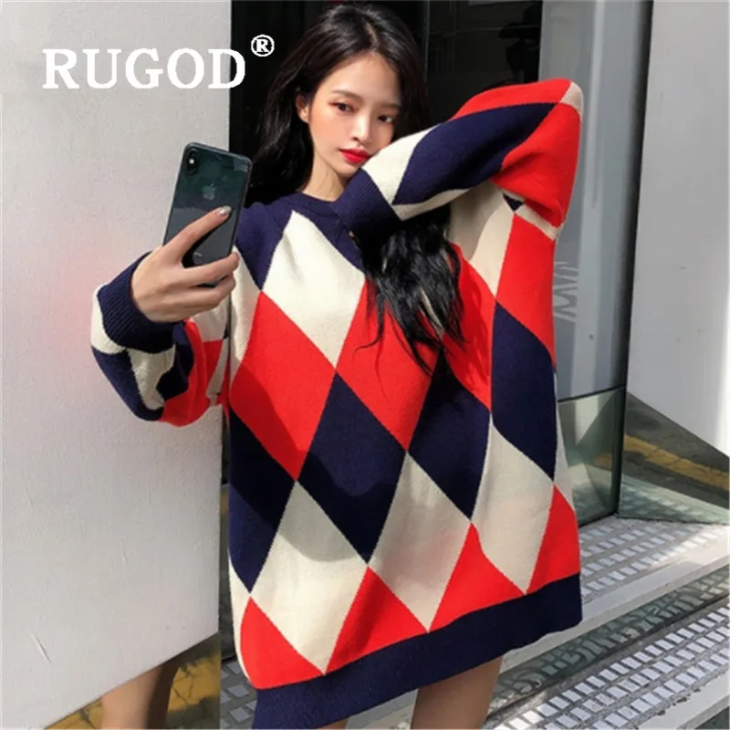 свитер женский RUGOD модный с алмазным узором корейский пуловер круглым вырезом и