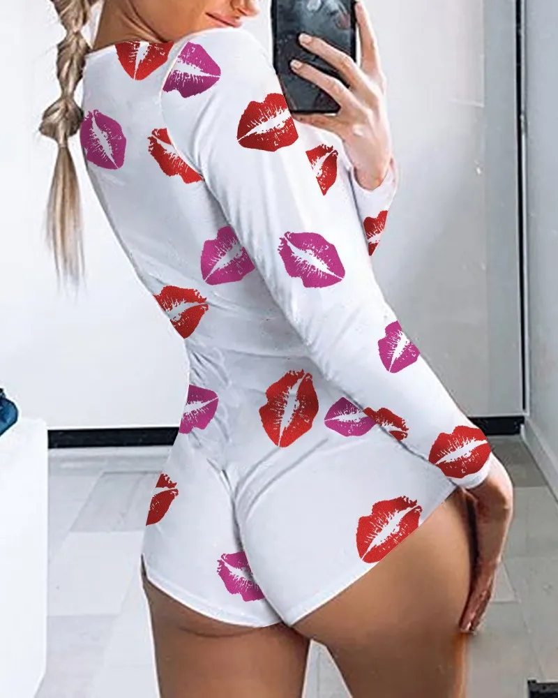 

2020 Spring Women Rompers Casual Sleepwear Lips Cartoon Print Long Sleeve Short Jumpsuit Sexy Female Clubwear Nightwear S-2XL