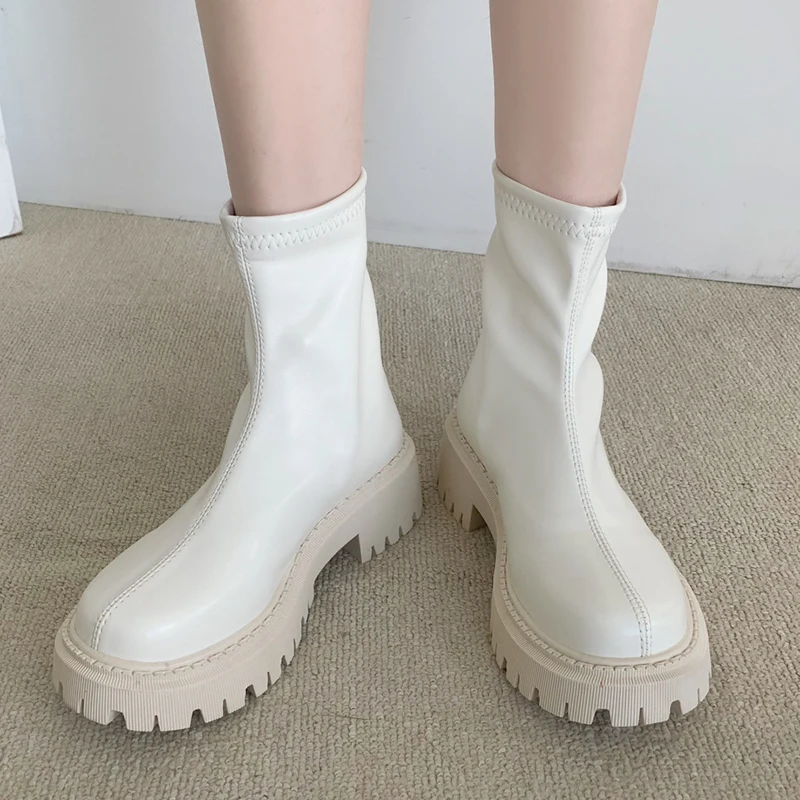 

Rimocy Pu Leather Square Heels Women's Ankle Boots 2021 Autumn Back Zipper Platform Booties Women Waterproof Modern Boots Woman