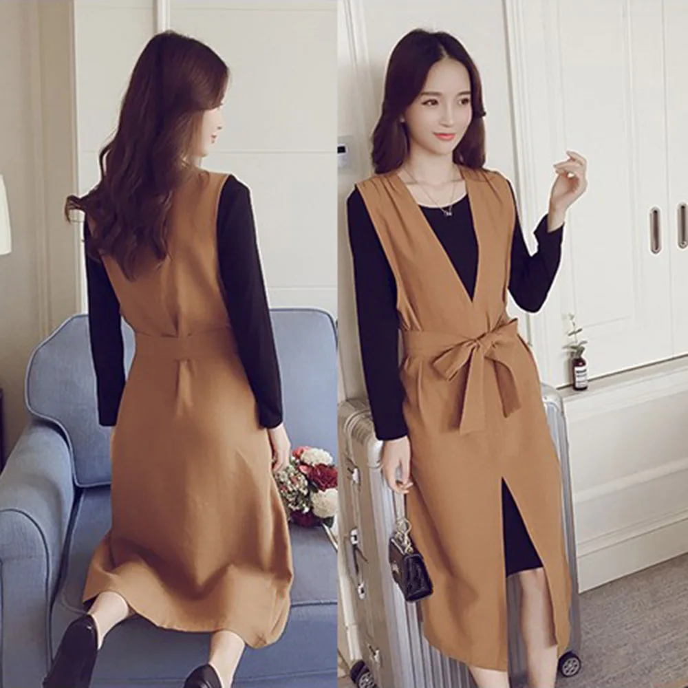 

Autumn O-Neck Two-piece Strap Dress Suit Autumn Spring Long-sleeved A-Line Dresses Solid Color Strap Slit Dress with Sashes