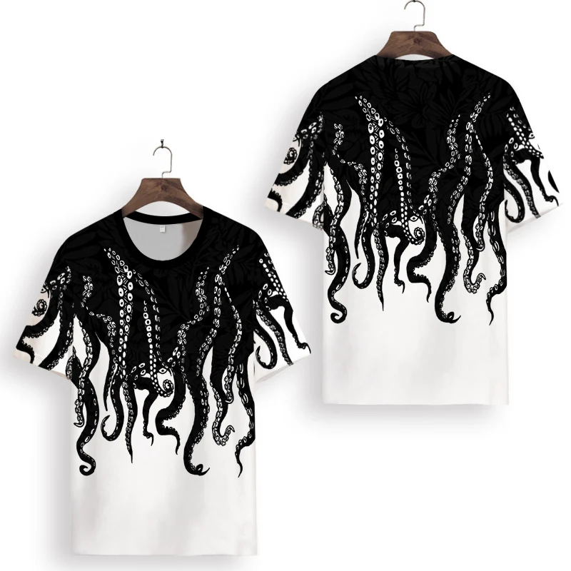 

New Men's Summer 3D Short-Sleeved T -Shirt Octopus Print Round Neck Casual Trend Wild Young And Middle-Aged Ice Silk Top Fashion