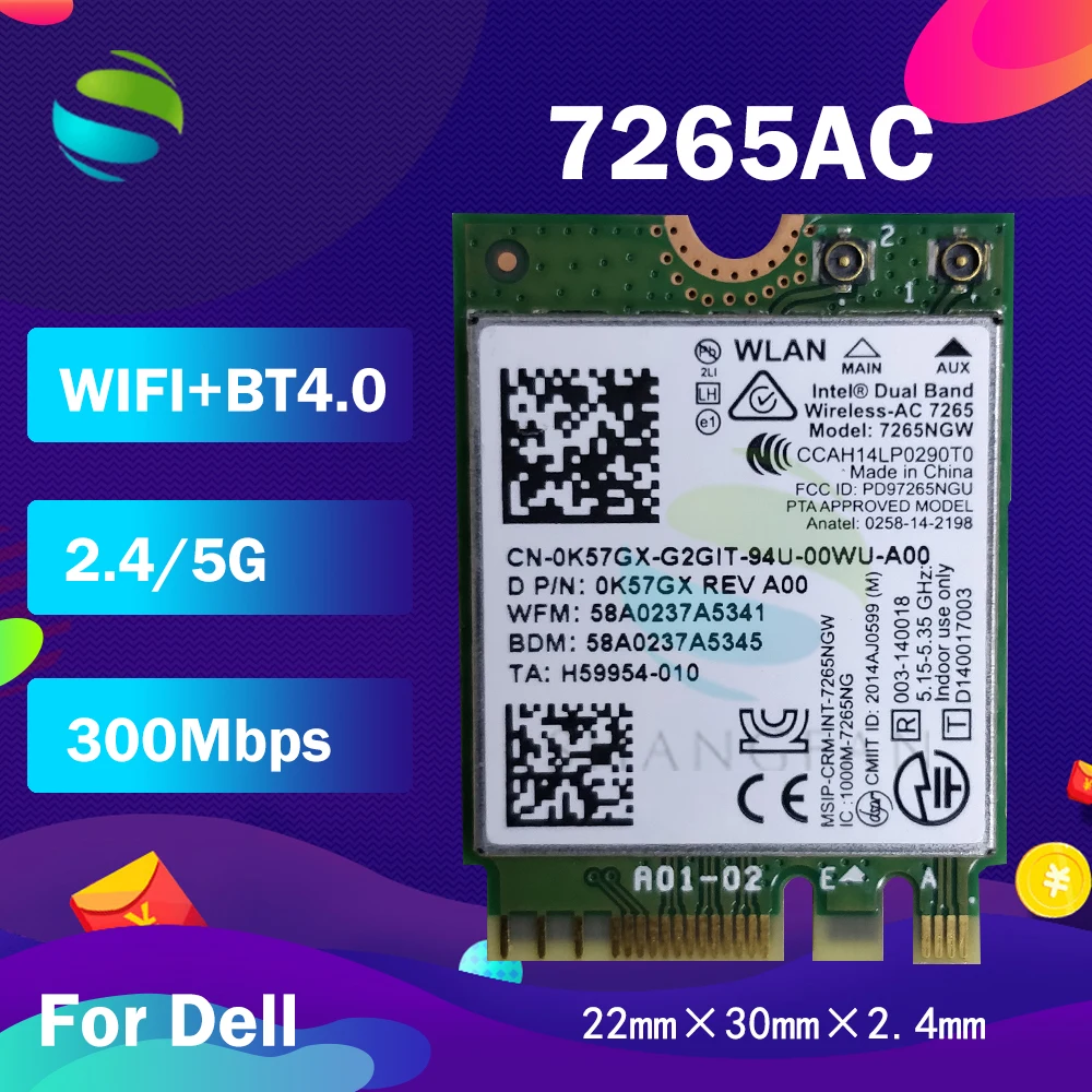 

Оптовая продажа, Двухдиапазонная Беспроводная Wlan-карта AC 7265NGW 7265AC 867 Мбит/с 2X2 NGFF Bluetooth4.0 0XXY3M для Dell M17X M18X
