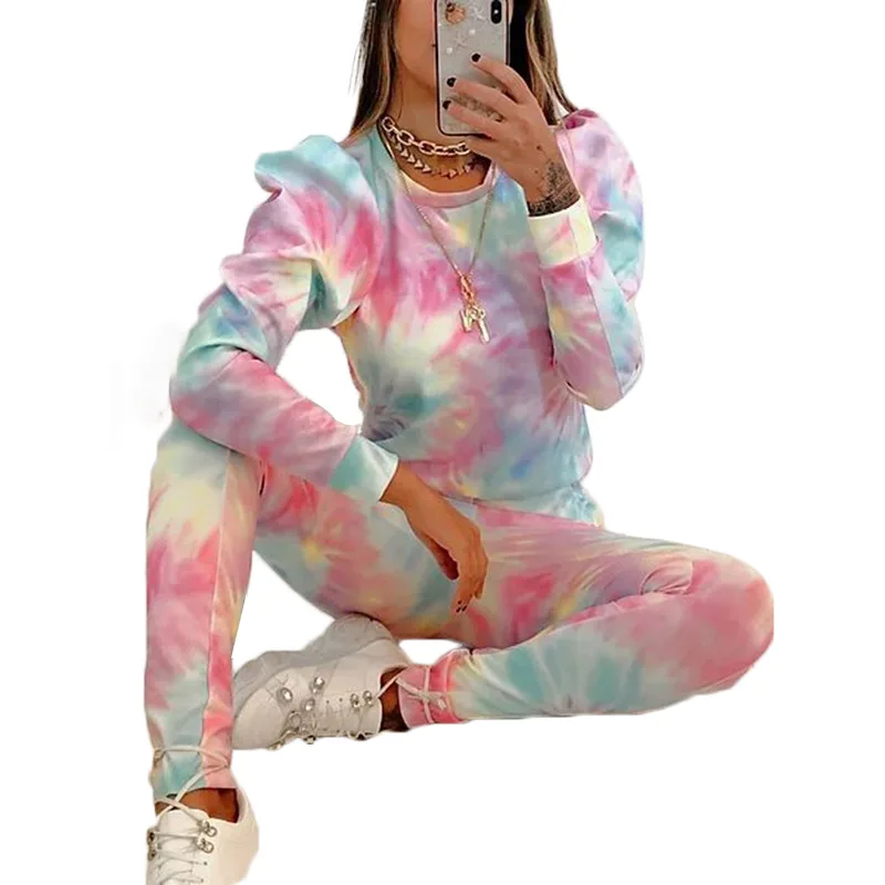 

European and American spring and autumn new women's fashion tie-dye printing round neck long sleeve casual two-piece suit