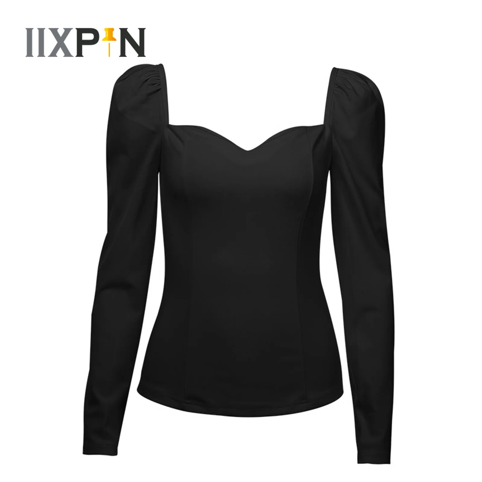 Elegant Square Collar Women Long  Sleeve T Shirt Solid Color Slim Fit  Femina Tops Daily Wear