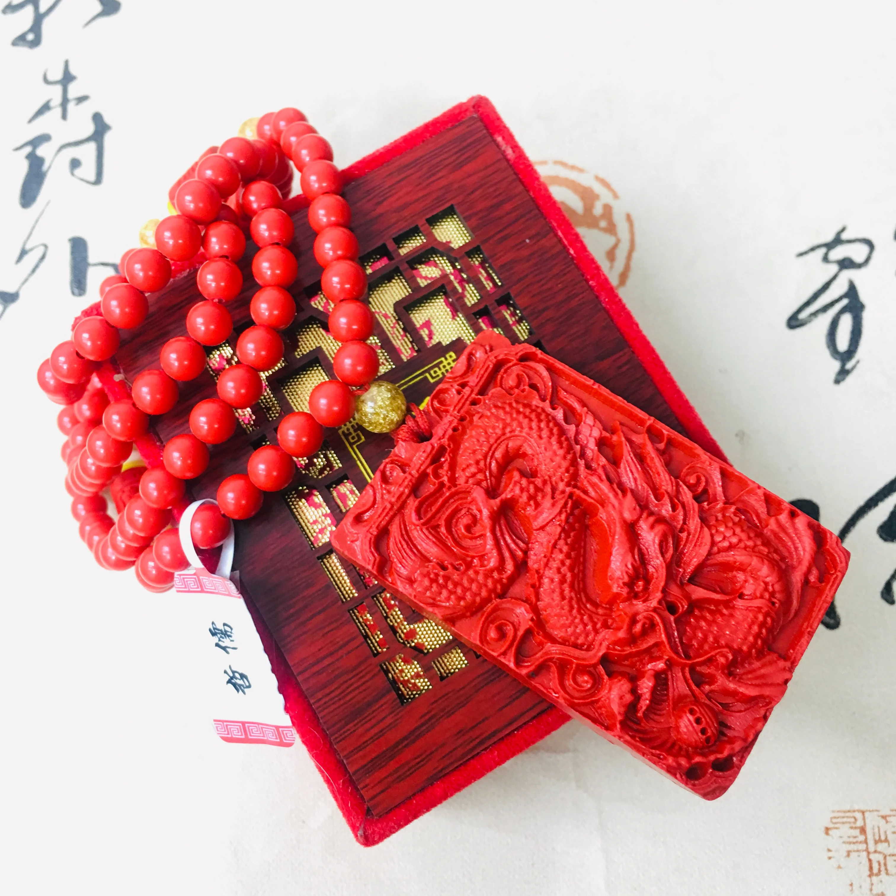 Zheru натуральная киноварь резной Красный Большой дракон кулон с трехцветными