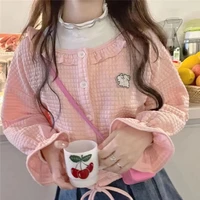 japanese buttons sweatshirts women waffle frilled crew neck jacket autumn sweet solid long sleeve oversized casual loose outwear