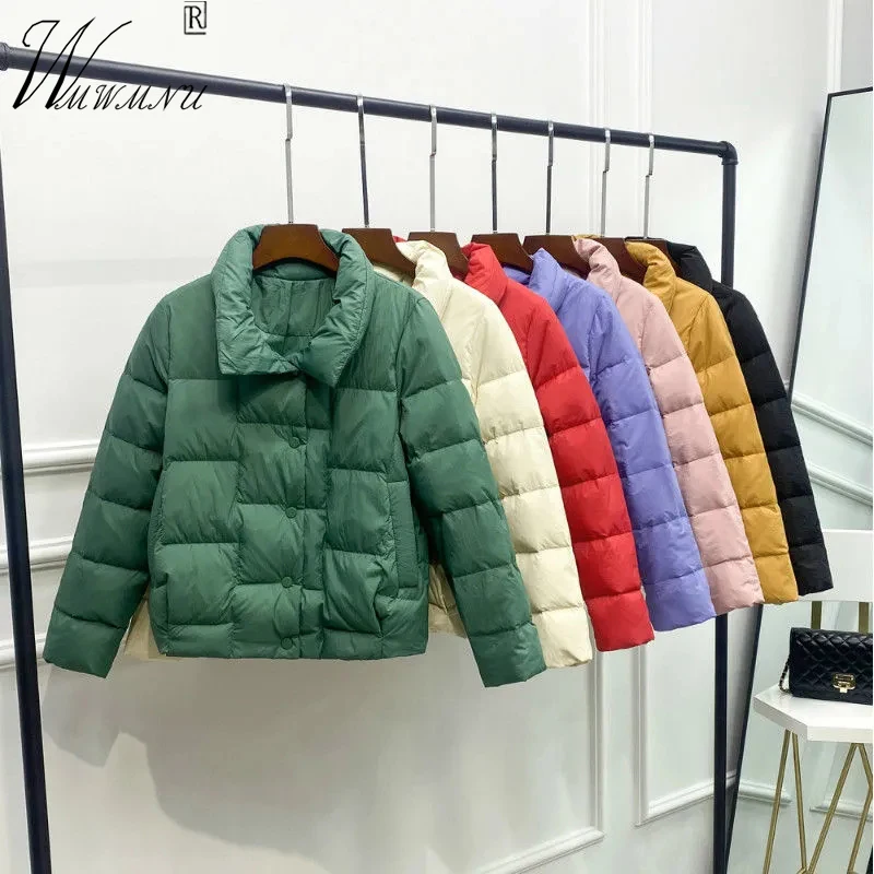 

Женская зимняя Стеганая пуховая куртка, корейская модная легкая парка с отворотами, пуховое пальто карамельных цветов, свободная ветрозащи...