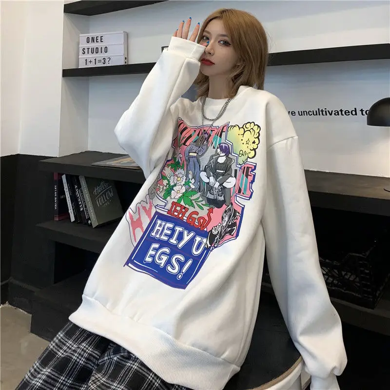 

Fleece Thick Warm Winter Oversized Sweatshirt Japan Style Anime Letters Printing Long Sleeve Tops Vintage Harajuku Teens Girls