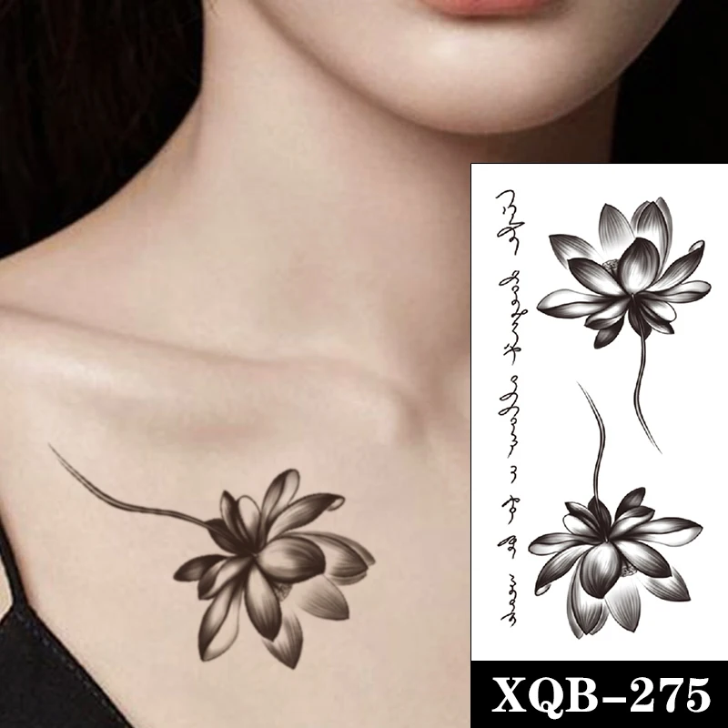 

Lotus Branches Totem Waterproof Temporary Tattoo Sticker Black English Alphabet Fake Tattoos Flash Tatoos Arm Body Art for Women