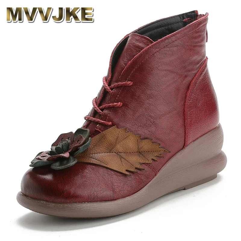 

MVVJKE 2021 Winter Wedges Boots Fashion Women's Platform Wedges Ankle Boots Lace Up Wedges Shoes For Women Cow Leather boots