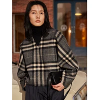 jacket women casual style 100 wool plaid v neck raglan long sleeve loose pullover short coat high quality ladies new fashion
