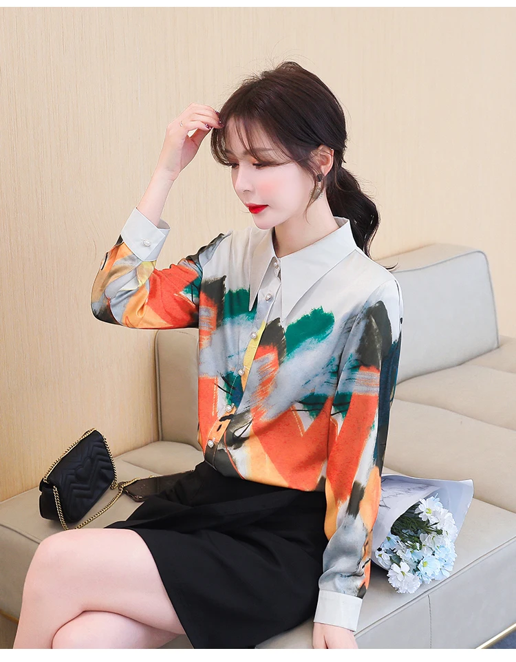 

New Long-sleeved Blouse Summer Plus Size Printing Casual Fashion Tops Chiffon Polo Collar Shirt Lady Shirts Houthion