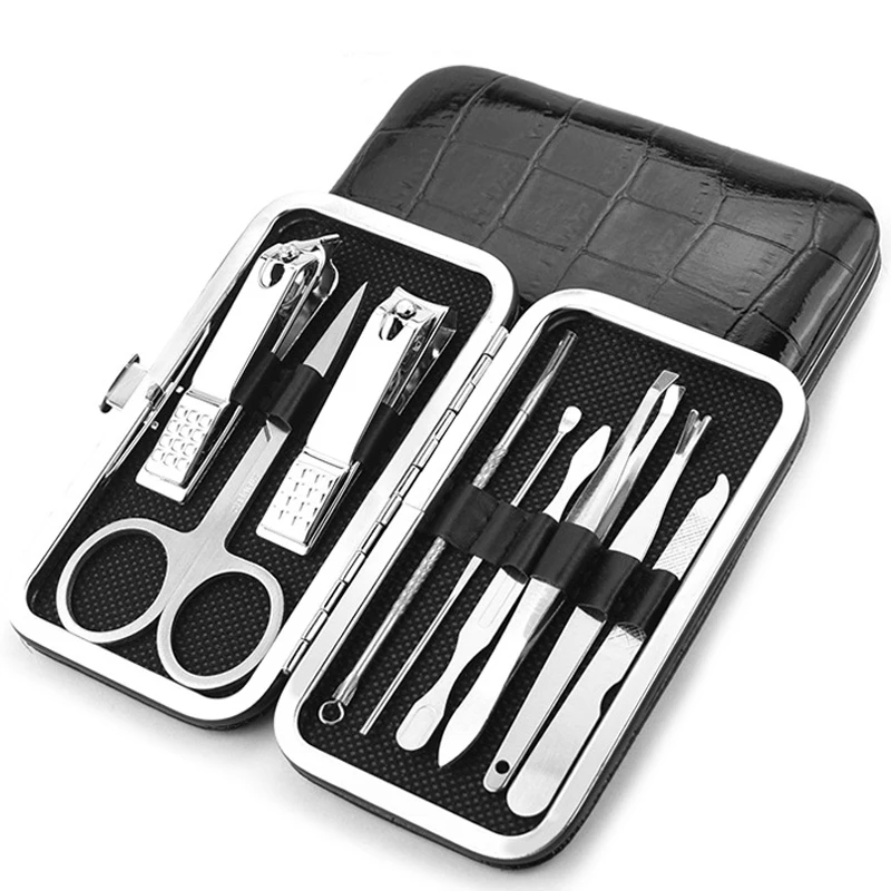 

9 Piece Manicure Profeesional Tool Pedicure Sets Steel Nail Clipper Trimming Scissor Cuticle Polished File Kit
