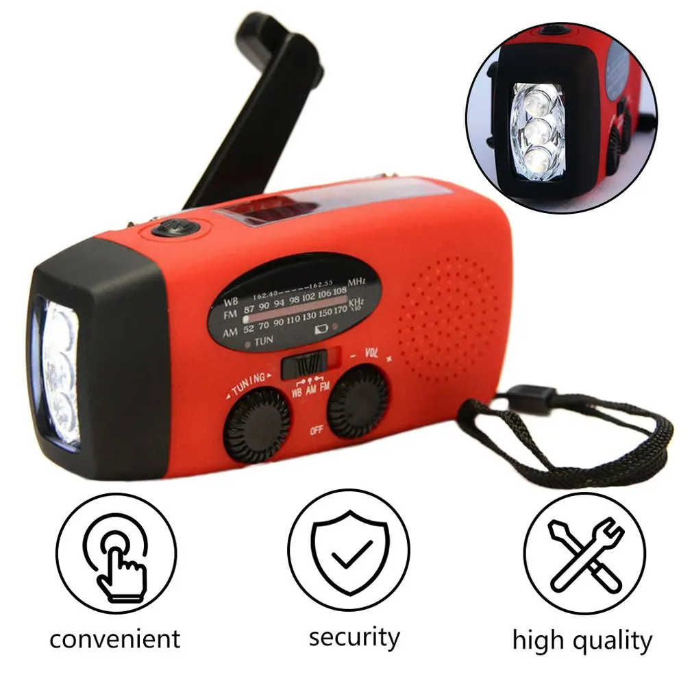 new protable red solar radio hand crank self powered phone charger 3 led flashlight amfmwb radio waterproof emergency survival free global shipping