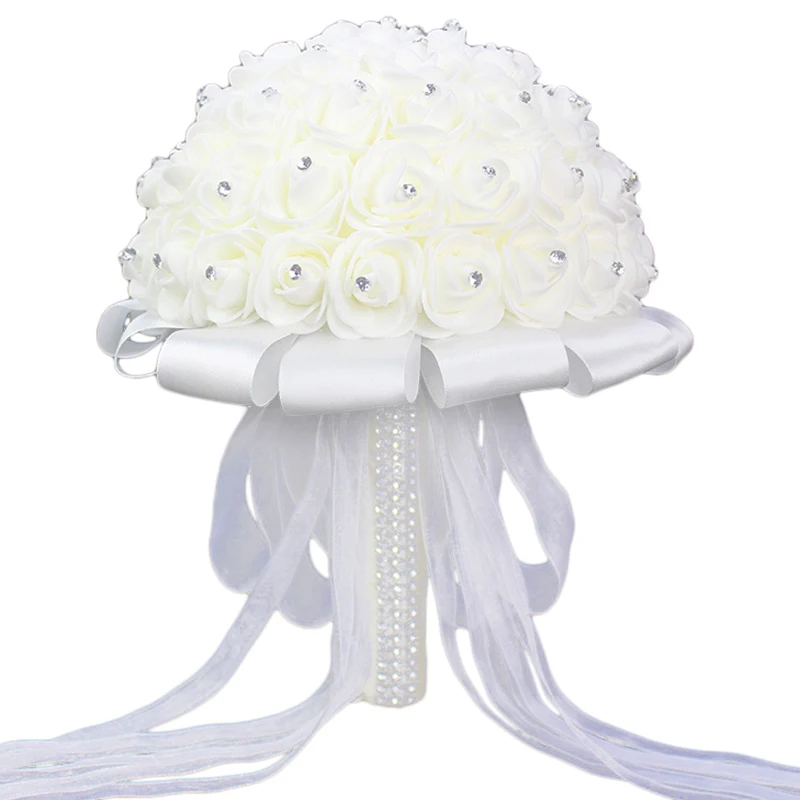 Букет невесты шелковые цветы свадебные из пены Белая роза свадебный букет белый