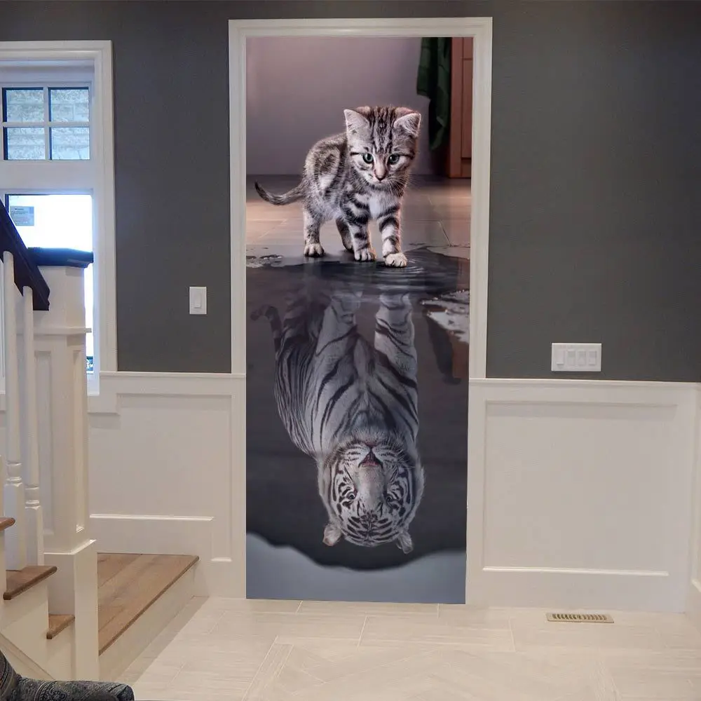 3d-наклейка на дверь в виде симпатичного котенка отражающего тигра Современная