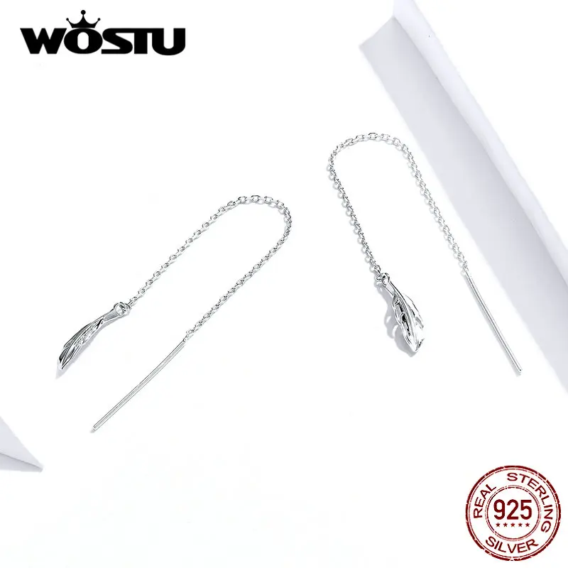 WOSTU настоящие 925 пробы серебряные серьги с перьями для женщин Лидер продаж простой дизайн таинственные Серьги перья свадебный подарок