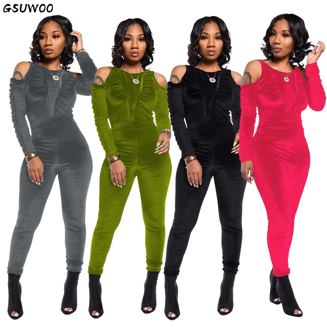

GSUWOO Women Casual Velvet Off-Shoulder Long Sleeve Tight Pleated Lumpsuit Spring Autumn Lady Sexy Rompers Pencil Jumpsuits