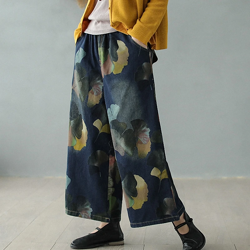 

FairyNatural Womens Wide Leg Jeans Plus Size Ladies Cotton Elastic Waist Printed Flower Denim Trousers 2021 New Spring Autumn