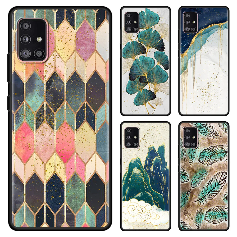 

Phone Case For Samsung Galaxy A72 A32 A42 A91 A71 A51 A41 A31 A21 Soft Cover Black Capa TPU Back Feather Gold Foil Art