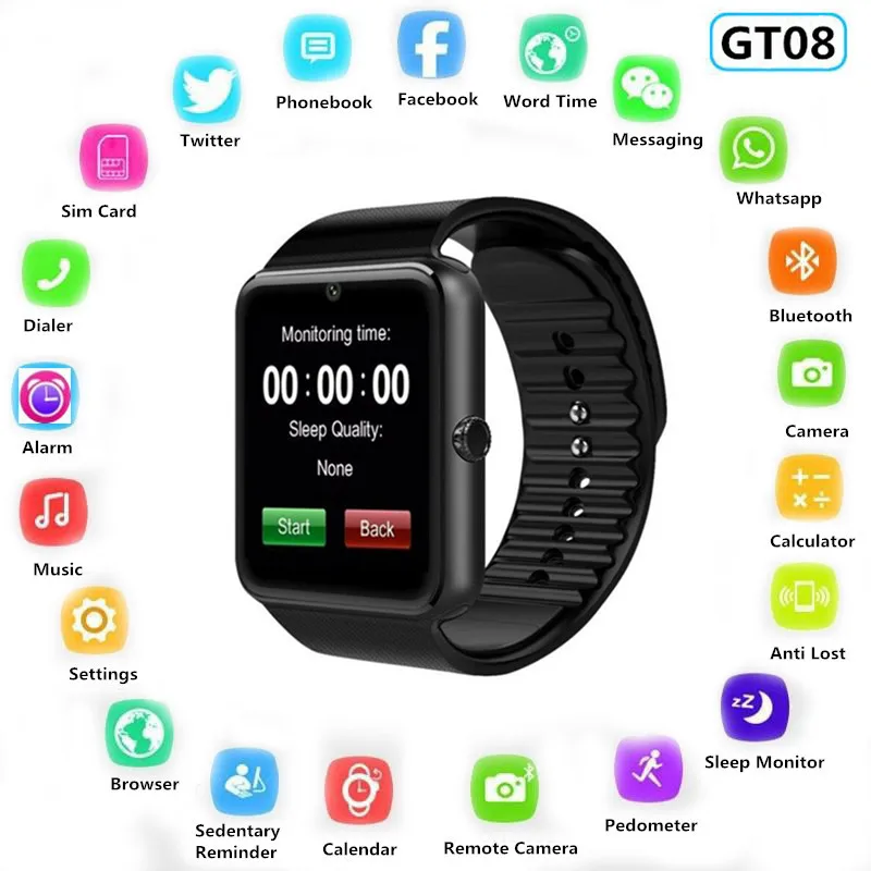 Умные часы GT08 с sim картой и слотом для карты TF нажимное сообщение Bluetooth