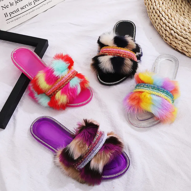 

Women's Summer New Style Sandals Ladies Color Plush Flat Diamond-studded Outdoor Shoes Female Fashion Elegant Fur Slippers 2021