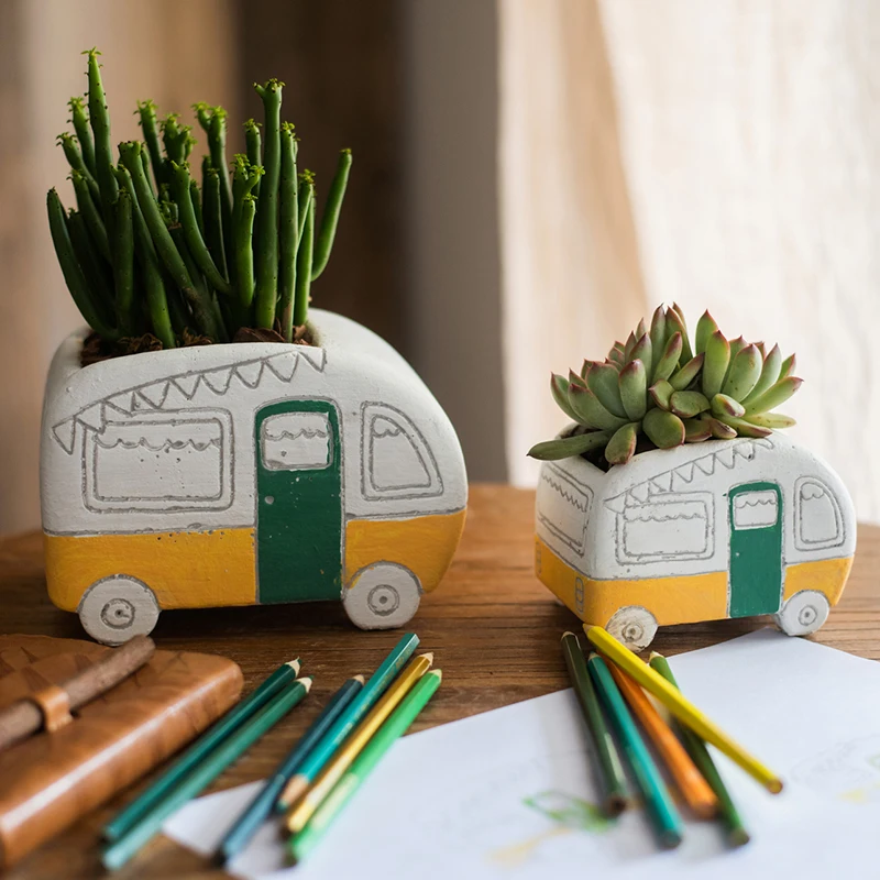 

Bus Creativity Modern Flower Pots Cute Cartoon Cement Garden Decorative Plants Pots Manual Balcony Balcon Home Decro EK50FP