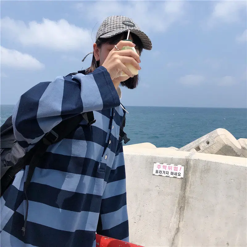 Футболки поло с воротником толстовки Женская толстовка в полоску Корейском