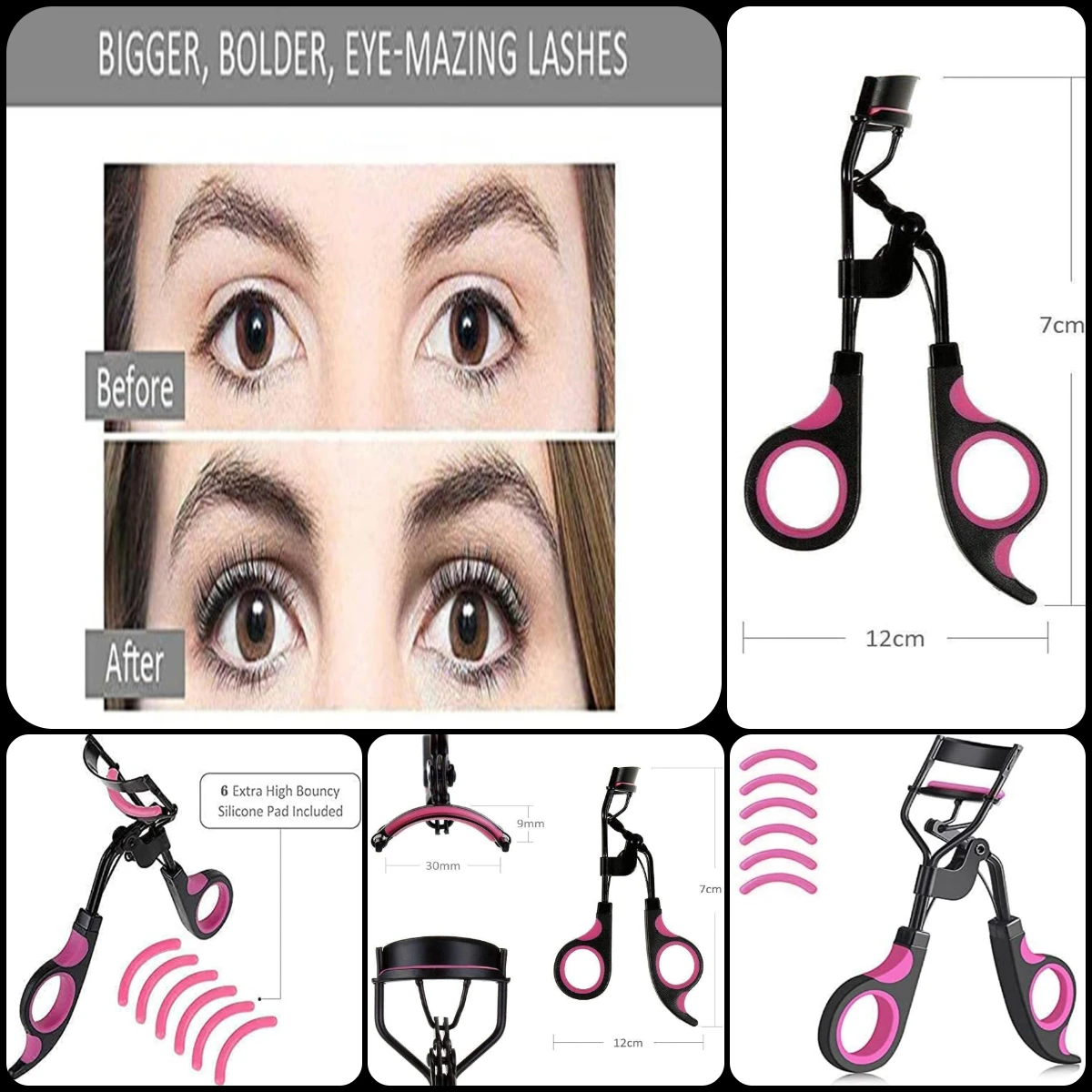 

1pc Eyelash Curler Magnify Eyes Handle With 6 Silicone Refill Pads Eyelashes Tweezer Cosmetic Makeup Curling Eyelashes Tool