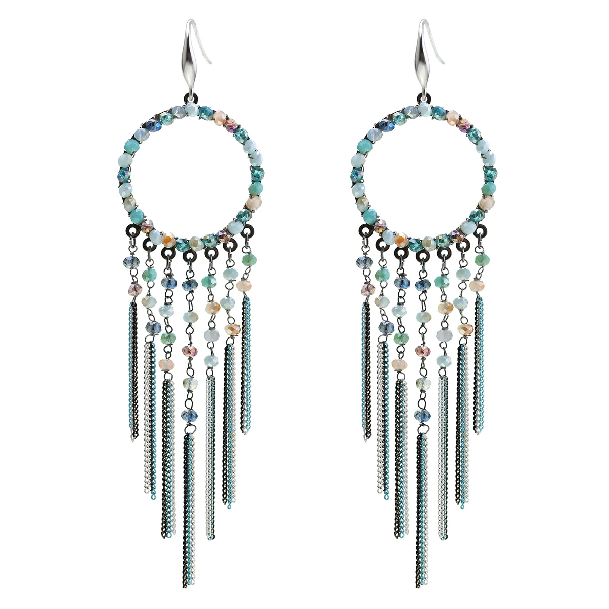 Новые длинные висячие серьги с кисточками и цепочками в богемном стиле Эффектные