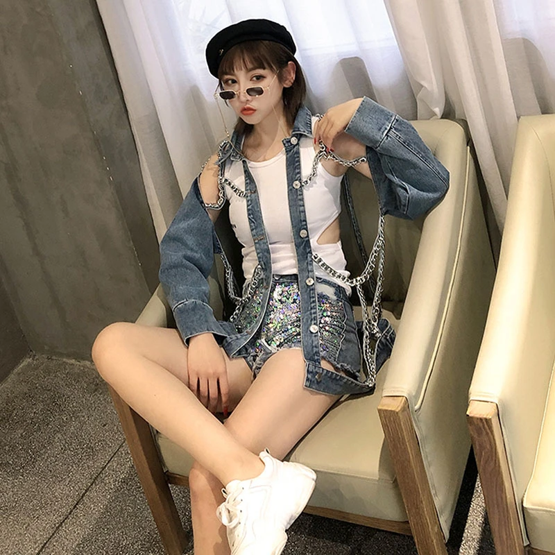 Женская джинсовая куртка с цепочкой весна-лето 2020 рваные джинсовые пальто