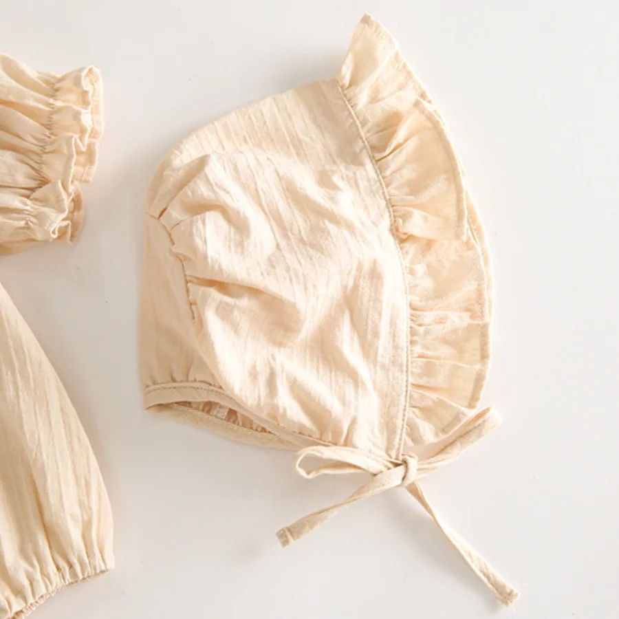 

2021 Summer New Baby Girl Romper Cotton Solid Short Sleeve Bodysuit Toddler Kids Ruffle Soft Casual Jumpsuit + Hat 2Pcs Outfits