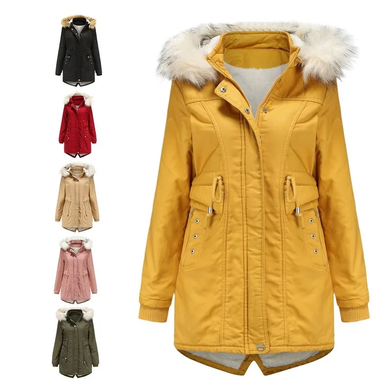

Women's Parkas Cotton-padded Jacket Fleece Mid-length Detachable Hood Collar Winter Warmth Plus Fleece Coat Winter Clothes 2020