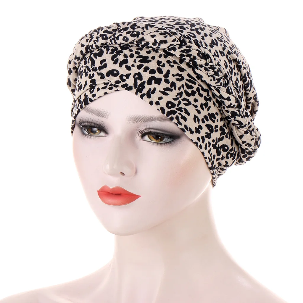 

Fashion Women Leopard Print Turban Hat Braid Muslim Headscarf Bonnet India Hats Ready to Wear Islamic Hijab Head Wrap Cap