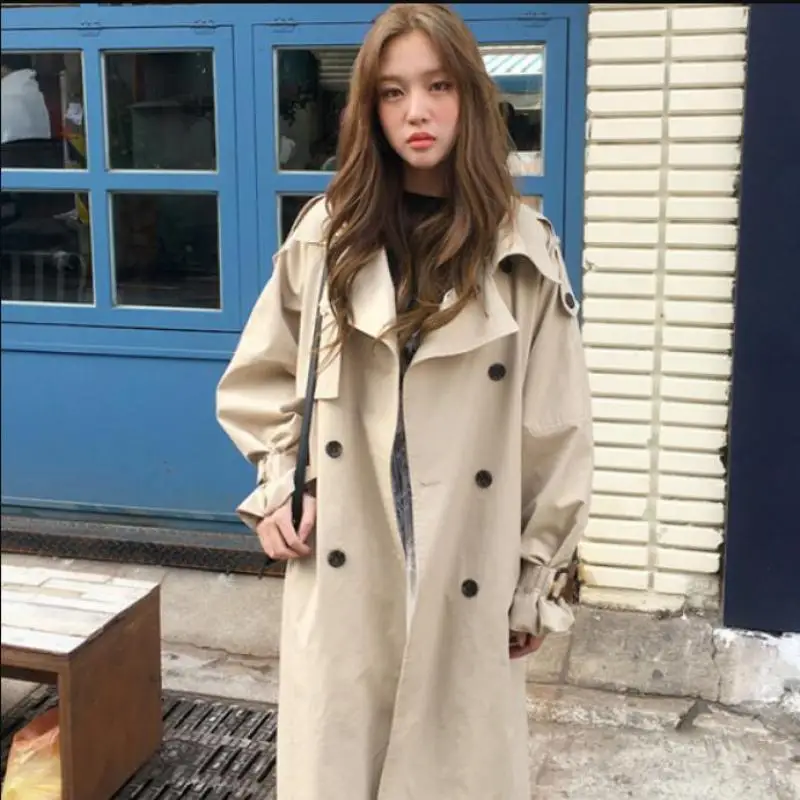 Женский двубортный Тренч Длинная ветровка цвета хаки с отложным воротником в