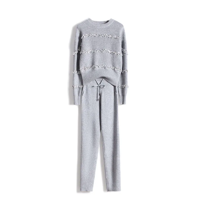 

Cashmere Promotion O-neck Full Knit Suit Female 2020 New Fashion Ocean Sequins Beaded Sweater And Pants Set Women Two-piece