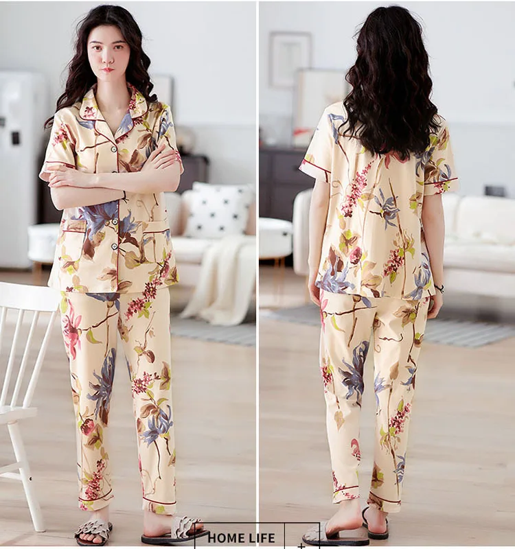 Женская Хлопковая пижама летний кардиган с короткими рукавами и длинные брюки