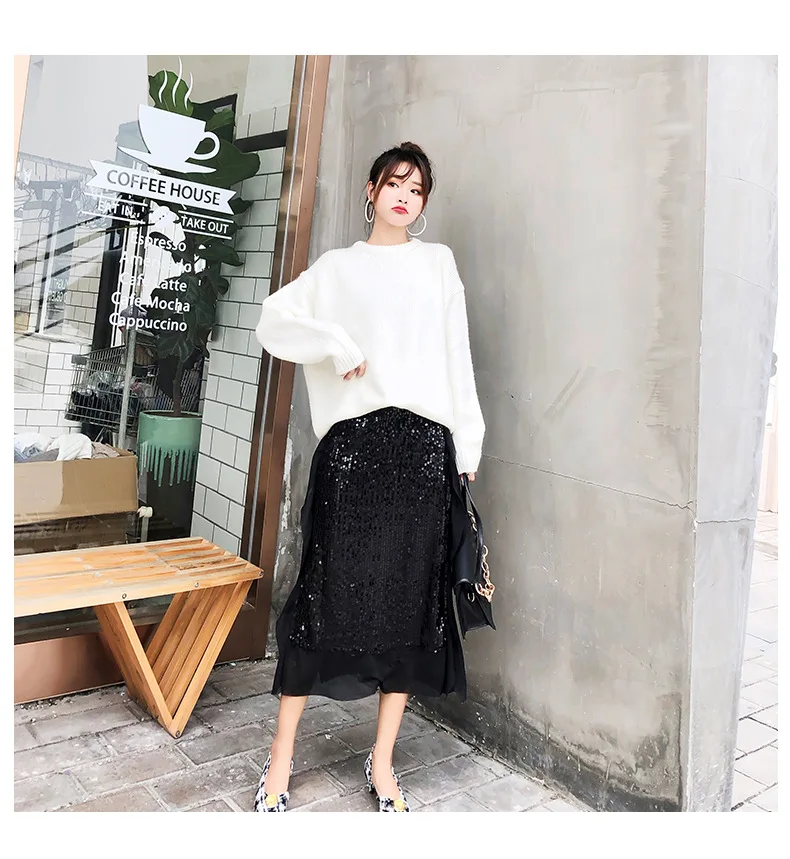 

2021 Spring Summer Ins Women Chic Sequin Stitching Chiffon Long Skirt Graceful Personality Fashion Solid Color Ladies Midi Skirt