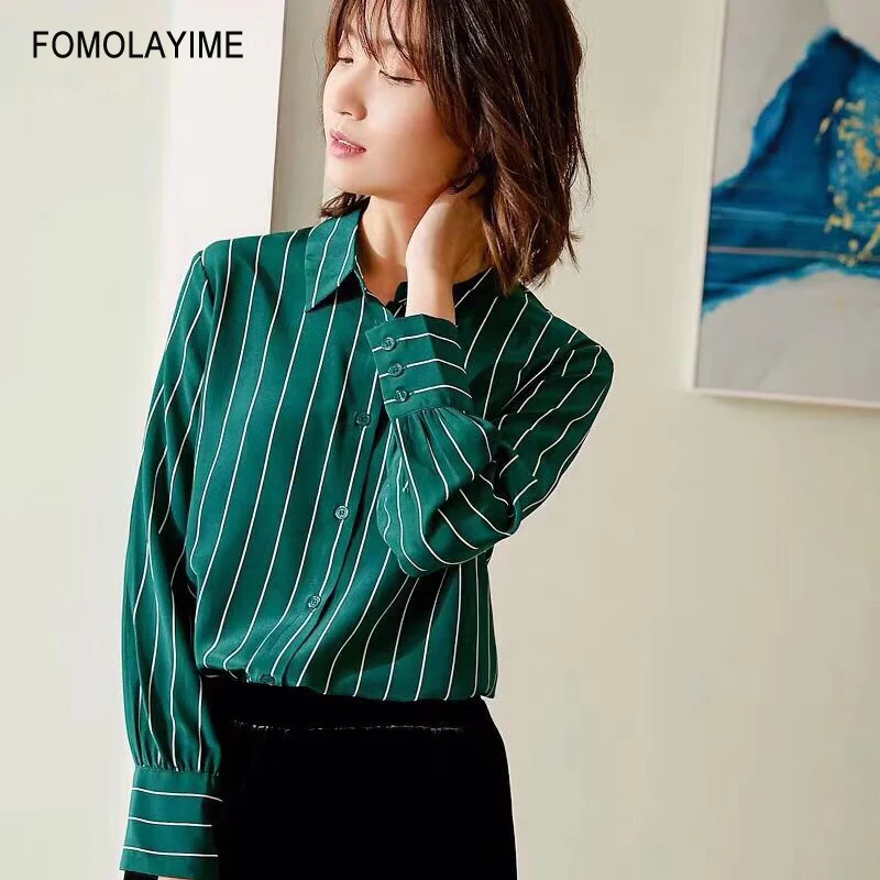 Весна 2020 блузки рубашки высококачественные женские зеленые Полосатые с длинными