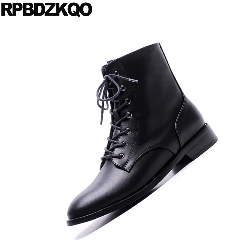 Женские ботильоны на меху черные повседневные ботинки с круглым носком шнуровке