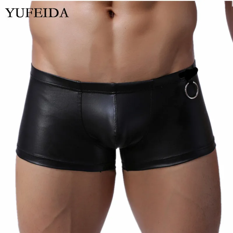 

YUFEIDA Sexy Men Underwear Boxers Trunks PU Leather Boxer Shorts Male Underpants Clubwear U Convex Jockstraps Gay Bulge Pouch