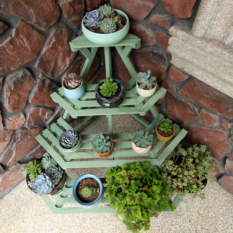

Multi layer solid wood corner plant stand high capacity balcony flowerpot rack fresh pastoral style floor type succulent shelf